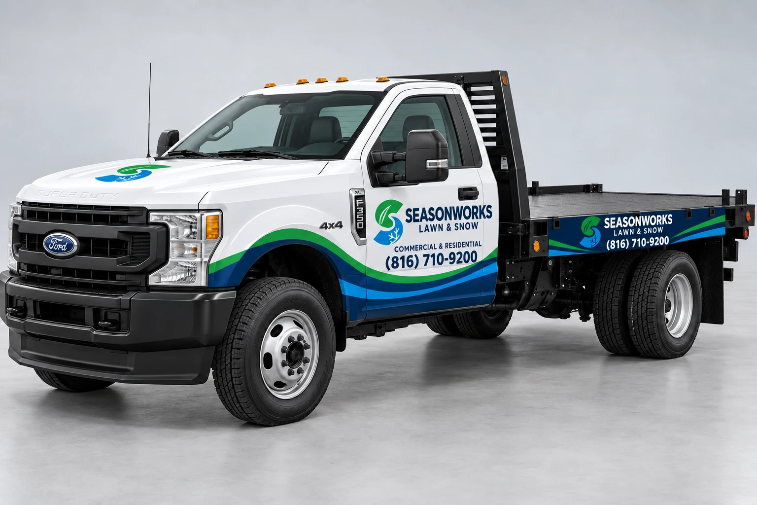 Seasonworks Ford F-350 flatbed truck wrap mockup with blue and green graphics and phone number (816) 710-9200